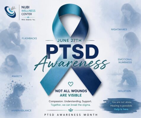 PTSD awareness, PTSD symptoms, understanding PTSD, post-traumatic stress disorder, PTSD treatment, PTSD treatment Nigeria, trauma therapy Lagos, trauma-informed therapy, signs of PTSD, causes of PTSD, PTSD in Nigeria, PTSD Awareness Day, trauma recovery, healing from trauma, EMDR therapy, cognitive behavioral therapy for PTSD, trauma and mental health, invisible wounds mental health, trauma survivors Nigeria, mental health clinic Lagos, psychiatric support Lagos, trauma counseling Nigeria, PTSD flashbacks, hyperarousal symptoms, childhood trauma Nigeria, domestic violence trauma, road accident trauma, kidnapping trauma Nigeria, trauma-focused psychotherapy, Nubi Wellness Center, mental health awareness Nigeria