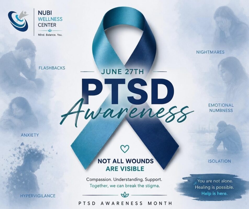 PTSD awareness, PTSD symptoms, understanding PTSD, post-traumatic stress disorder, PTSD treatment, PTSD treatment Nigeria, trauma therapy Lagos, trauma-informed therapy, signs of PTSD, causes of PTSD, PTSD in Nigeria, PTSD Awareness Day, trauma recovery, healing from trauma, EMDR therapy, cognitive behavioral therapy for PTSD, trauma and mental health, invisible wounds mental health, trauma survivors Nigeria, mental health clinic Lagos, psychiatric support Lagos, trauma counseling Nigeria, PTSD flashbacks, hyperarousal symptoms, childhood trauma Nigeria, domestic violence trauma, road accident trauma, kidnapping trauma Nigeria, trauma-focused psychotherapy, Nubi Wellness Center, mental health awareness Nigeria