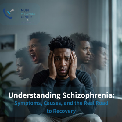 Young Black man sitting with his head in his hands, distressed, with layered ghostly reflections of himself showing different emotions in the background, representing the inner turmoil of schizophrenia; Nubi Wellness Center blog cover for Understanding Schizophrenia: Symptoms, Causes, and the Real Road to Recovery