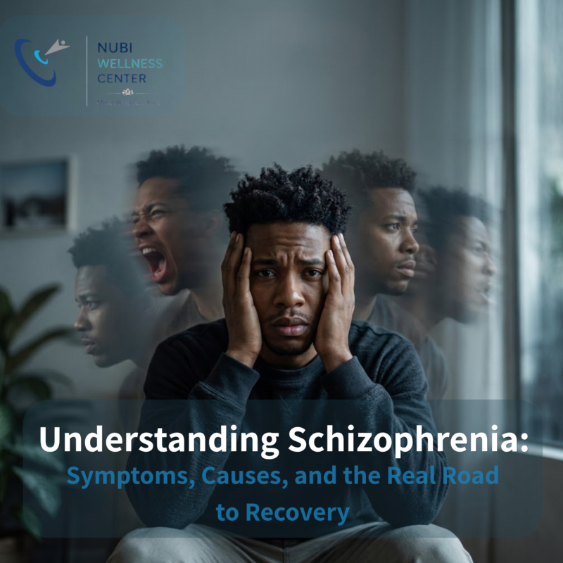 Young Black man sitting with his head in his hands, distressed, with layered ghostly reflections of himself showing different emotions in the background, representing the inner turmoil of schizophrenia; Nubi Wellness Center blog cover for Understanding Schizophrenia: Symptoms, Causes, and the Real Road to Recovery