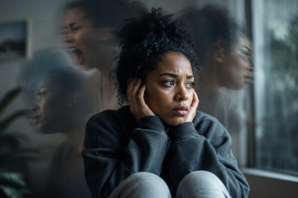 Young Black woman sitting with her hands cupping her face, looking distressed, with layered ghostly reflections of herself showing different emotional states in the background, symbolizing the inner turmoil of schizophrenia; Nubi Wellness Center schizophrenia awareness image